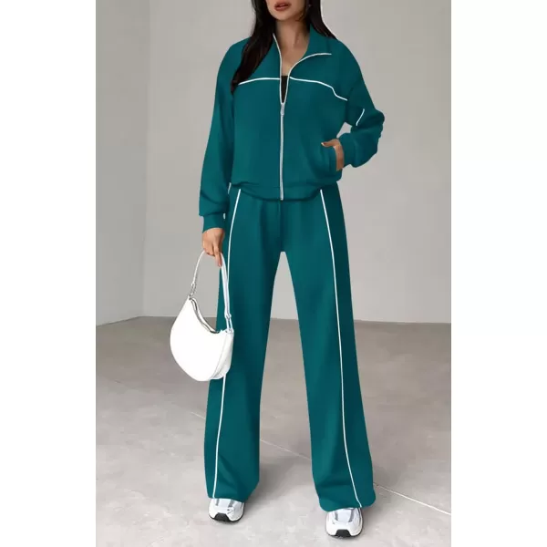 BTFBM Womens Two Piece Tracksuit Fall 2024 Long Sleeve Zip Up Sweatshirt Long Pants Outfits Jogger Sweatsuit SetsSolid Blue Green