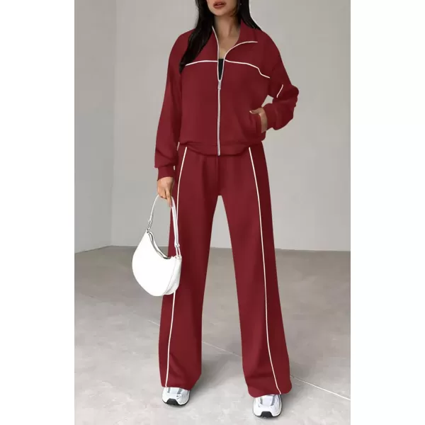 BTFBM Womens Two Piece Tracksuit Fall 2024 Long Sleeve Zip Up Sweatshirt Long Pants Outfits Jogger Sweatsuit SetsSolid Brick Red