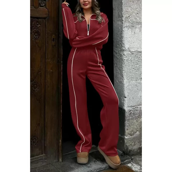 BTFBM Womens Two Piece Tracksuit Fall 2024 Long Sleeve Zip Up Sweatshirt Long Pants Outfits Jogger Sweatsuit SetsSolid Brick Red