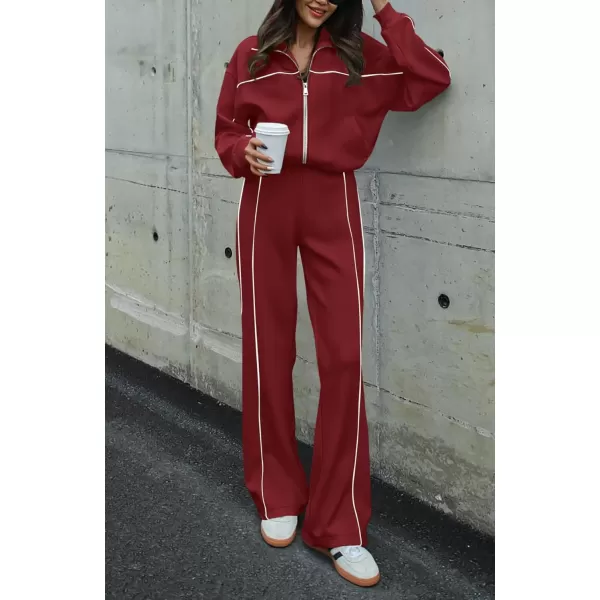 BTFBM Womens Two Piece Tracksuit Fall 2024 Long Sleeve Zip Up Sweatshirt Long Pants Outfits Jogger Sweatsuit SetsSolid Brick Red
