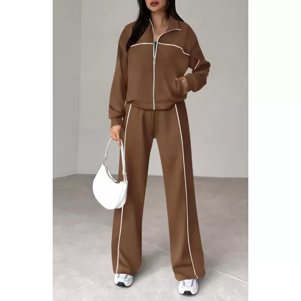 BTFBM Womens Two Piece Tracksuit Fall 2024 Long Sleeve Zip Up Sweatshirt Long Pants Outfits Jogger Sweatsuit SetsSolid Brown