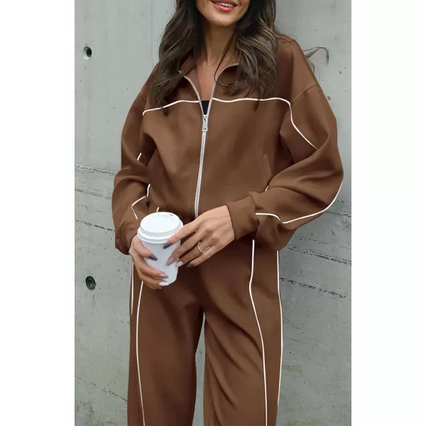 BTFBM Womens Two Piece Tracksuit Fall 2024 Long Sleeve Zip Up Sweatshirt Long Pants Outfits Jogger Sweatsuit SetsSolid Brown