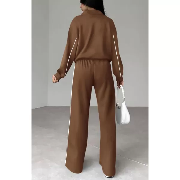 BTFBM Womens Two Piece Tracksuit Fall 2024 Long Sleeve Zip Up Sweatshirt Long Pants Outfits Jogger Sweatsuit SetsSolid Brown