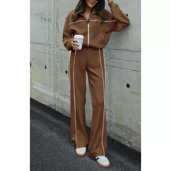 BTFBM Womens Two Piece Tracksuit Fall 2024 Long Sleeve Zip Up Sweatshirt Long Pants Outfits Jogger Sweatsuit SetsSolid Brown