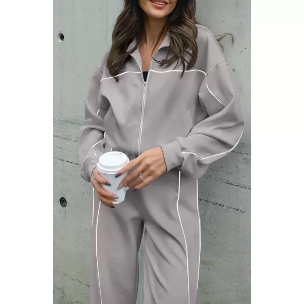BTFBM Womens Two Piece Tracksuit Fall 2024 Long Sleeve Zip Up Sweatshirt Long Pants Outfits Jogger Sweatsuit SetsSolid Grey