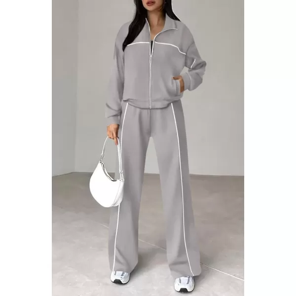 BTFBM Womens Two Piece Tracksuit Fall 2024 Long Sleeve Zip Up Sweatshirt Long Pants Outfits Jogger Sweatsuit SetsSolid Grey
