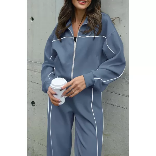 BTFBM Womens Two Piece Tracksuit Fall 2024 Long Sleeve Zip Up Sweatshirt Long Pants Outfits Jogger Sweatsuit SetsSolid Grey Blue