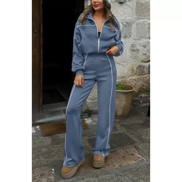 BTFBM Womens Two Piece Tracksuit Fall 2024 Long Sleeve Zip Up Sweatshirt Long Pants Outfits Jogger Sweatsuit SetsSolid Grey Blue