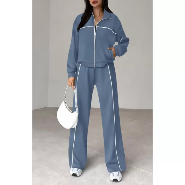 BTFBM Womens Two Piece Tracksuit Fall 2024 Long Sleeve Zip Up Sweatshirt Long Pants Outfits Jogger Sweatsuit SetsSolid Grey Blue