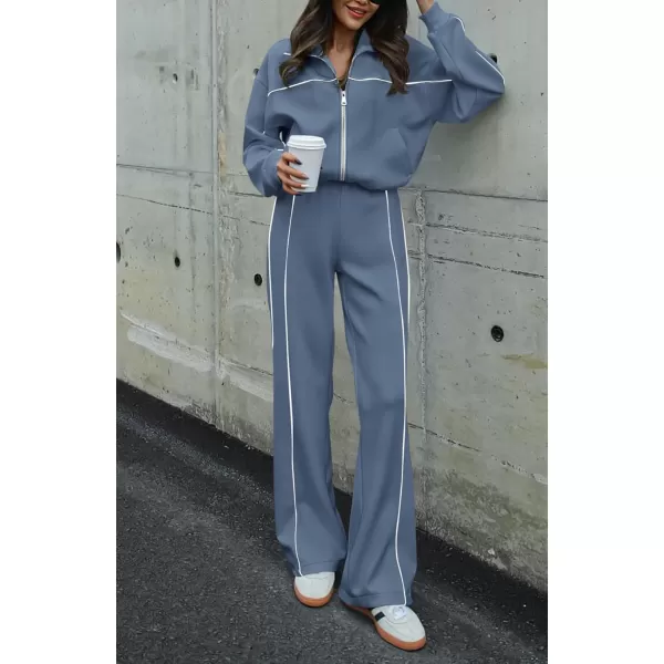 BTFBM Womens Two Piece Tracksuit Fall 2024 Long Sleeve Zip Up Sweatshirt Long Pants Outfits Jogger Sweatsuit SetsSolid Grey Blue
