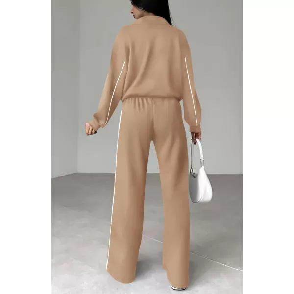 BTFBM Womens Two Piece Tracksuit Fall 2024 Long Sleeve Zip Up Sweatshirt Long Pants Outfits Jogger Sweatsuit SetsSolid Khakki