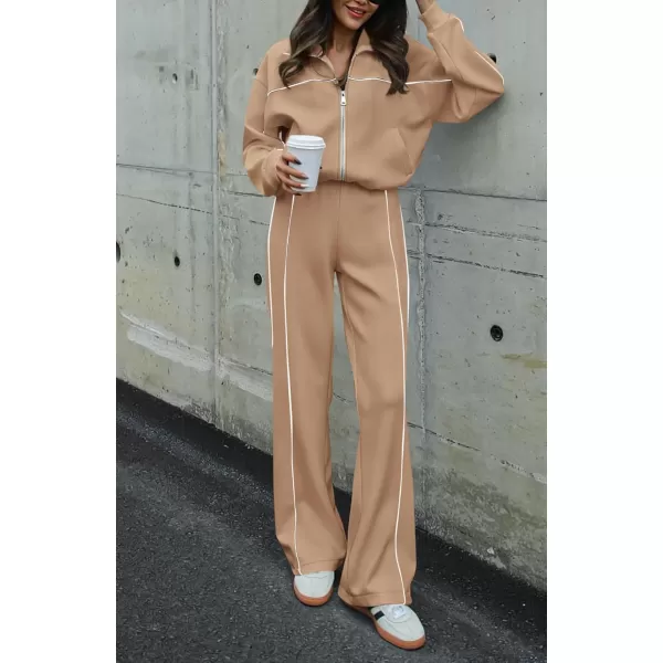 BTFBM Womens Two Piece Tracksuit Fall 2024 Long Sleeve Zip Up Sweatshirt Long Pants Outfits Jogger Sweatsuit SetsSolid Khakki