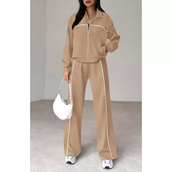 BTFBM Womens Two Piece Tracksuit Fall 2024 Long Sleeve Zip Up Sweatshirt Long Pants Outfits Jogger Sweatsuit SetsSolid Khakki