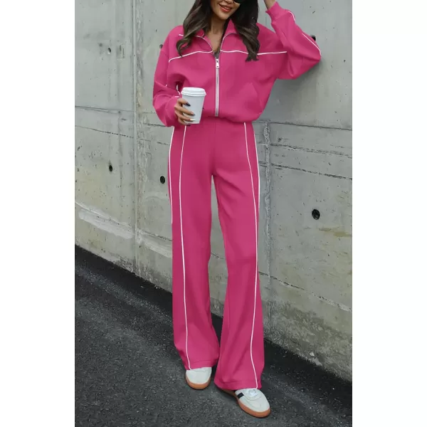 BTFBM Womens Two Piece Tracksuit Fall 2024 Long Sleeve Zip Up Sweatshirt Long Pants Outfits Jogger Sweatsuit SetsSolid Rose Red