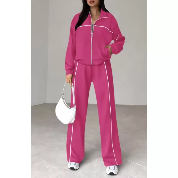 BTFBM Womens Two Piece Tracksuit Fall 2024 Long Sleeve Zip Up Sweatshirt Long Pants Outfits Jogger Sweatsuit SetsSolid Rose Red
