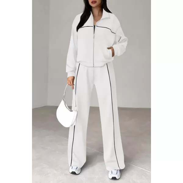 BTFBM Womens Two Piece Tracksuit Fall 2024 Long Sleeve Zip Up Sweatshirt Long Pants Outfits Jogger Sweatsuit SetsSolid White