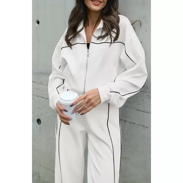 BTFBM Womens Two Piece Tracksuit Fall 2024 Long Sleeve Zip Up Sweatshirt Long Pants Outfits Jogger Sweatsuit SetsSolid White