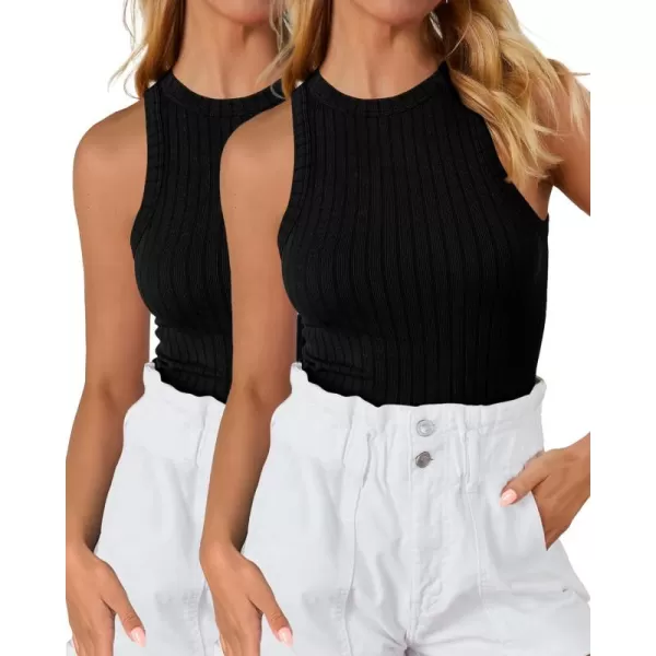 BTFBM 2 Pack Womens Tank Tops Casual Sleeveless Racerback High Neck Crop Tops Shirts Slim Fitted Basic Ribbed Tank TopBlack black