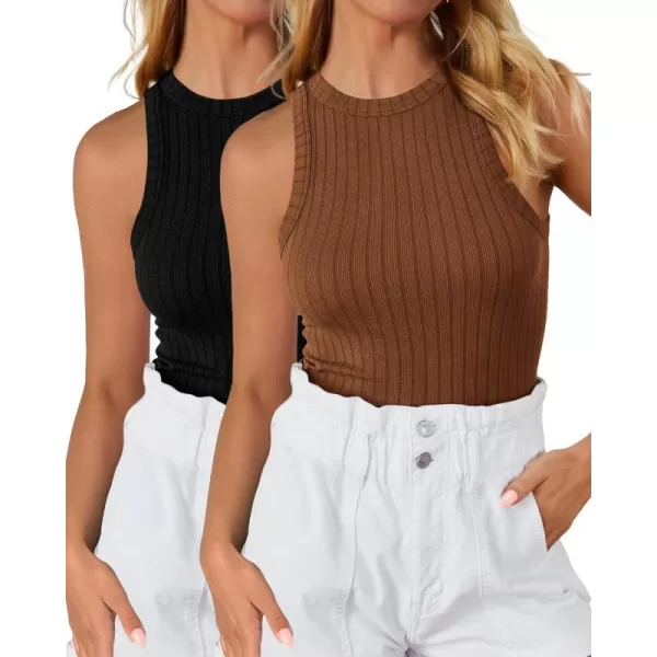 BTFBM 2 Pack Womens Tank Tops Casual Sleeveless Racerback High Neck Crop Tops Shirts Slim Fitted Basic Ribbed Tank TopBrown black