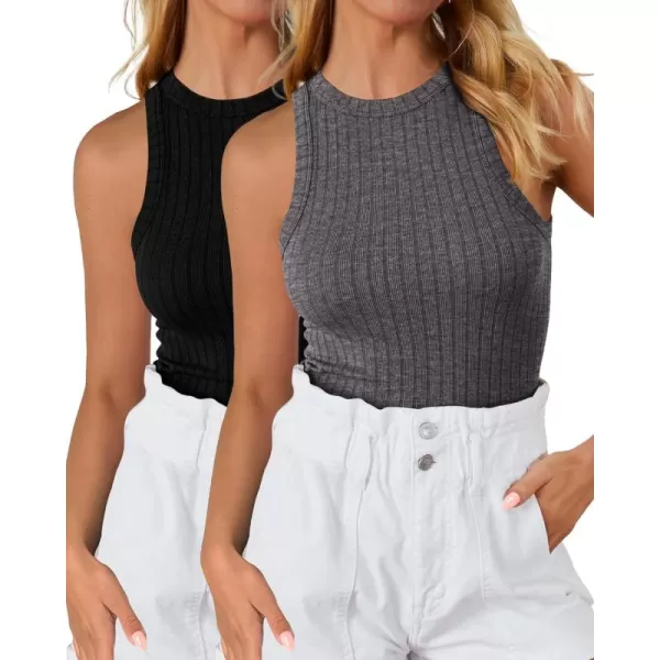 BTFBM 2 Pack Womens Tank Tops Casual Sleeveless Racerback High Neck Crop Tops Shirts Slim Fitted Basic Ribbed Tank TopDark Grey black