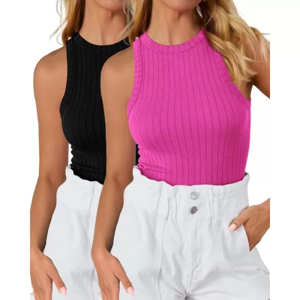 BTFBM 2 Pack Womens Tank Tops Casual Sleeveless Racerback High Neck Crop Tops Shirts Slim Fitted Basic Ribbed Tank TopRose Red black