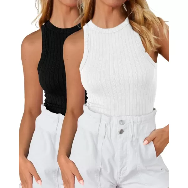 BTFBM 2 Pack Womens Tank Tops Casual Sleeveless Racerback High Neck Crop Tops Shirts Slim Fitted Basic Ribbed Tank TopWhite black