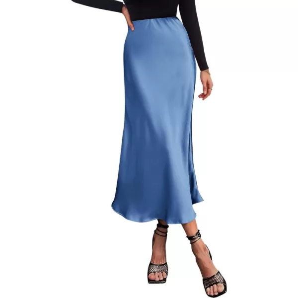 BTFBM 2024 Women Long Satin Summer Fall Skirt Silk Elegant High Waist Cocktail Party Wedding Flared ALine Midi SkirtsSolid Blue