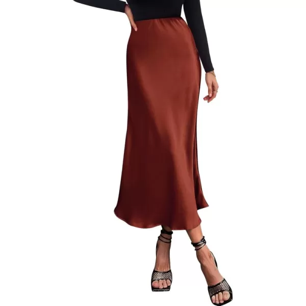 BTFBM 2024 Women Long Satin Summer Fall Skirt Silk Elegant High Waist Cocktail Party Wedding Flared ALine Midi SkirtsSolid Brown