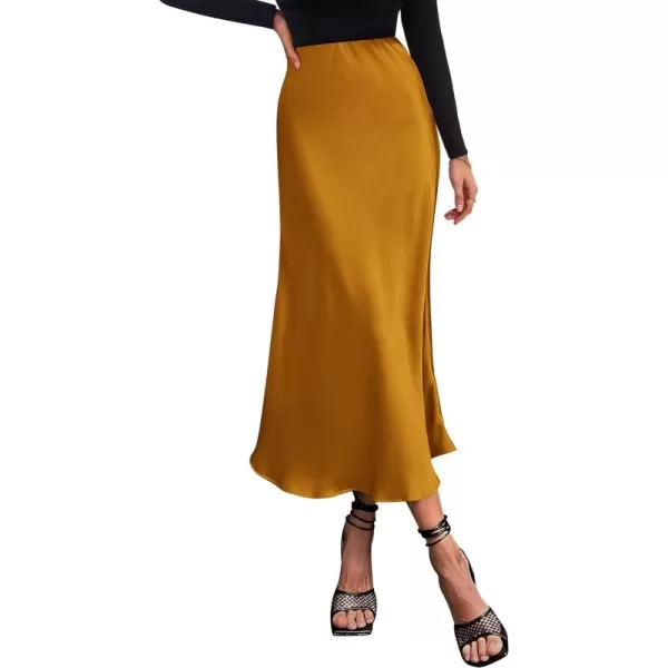BTFBM 2024 Women Long Satin Summer Fall Skirt Silk Elegant High Waist Cocktail Party Wedding Flared ALine Midi SkirtsSolid Brown Yellow