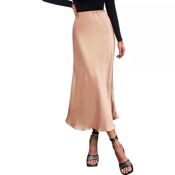 BTFBM 2024 Women Long Satin Summer Fall Skirt Silk Elegant High Waist Cocktail Party Wedding Flared ALine Midi SkirtsSolid Champagne