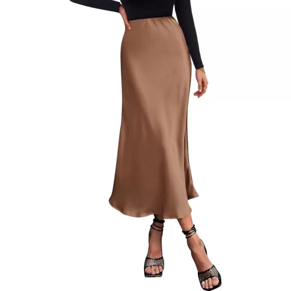 BTFBM 2024 Women Long Satin Summer Fall Skirt Silk Elegant High Waist Cocktail Party Wedding Flared ALine Midi SkirtsSolid Coffee