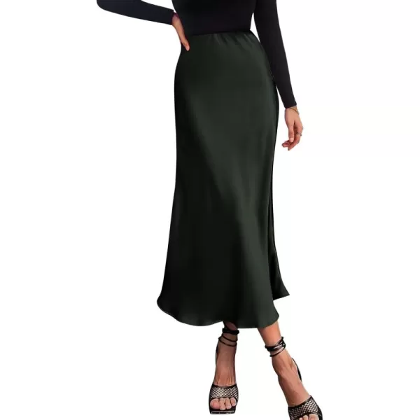 BTFBM 2024 Women Long Satin Summer Fall Skirt Silk Elegant High Waist Cocktail Party Wedding Flared ALine Midi SkirtsSolid Dark Army Green