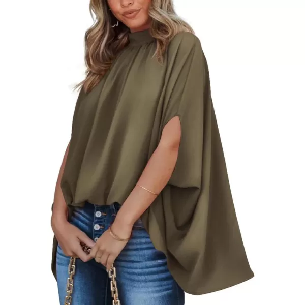BTFBM Women Mock Neck Summer Tops 2024 Spring Batwing Short Sleeve Loose High Low Hem Casual Oversized Blouses ShirtsSolid Army Green