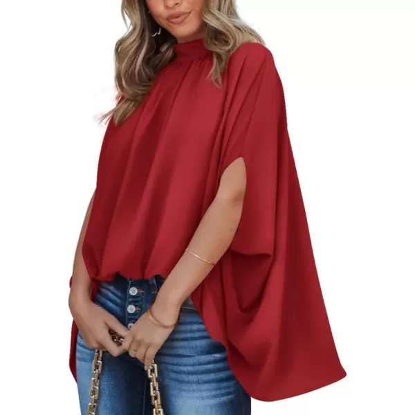 BTFBM Women Mock Neck Summer Tops 2024 Spring Batwing Short Sleeve Loose High Low Hem Casual Oversized Blouses ShirtsSolid Red