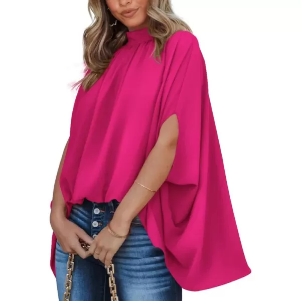 BTFBM Women Mock Neck Summer Tops 2024 Spring Batwing Short Sleeve Loose High Low Hem Casual Oversized Blouses ShirtsSolid Rose Red