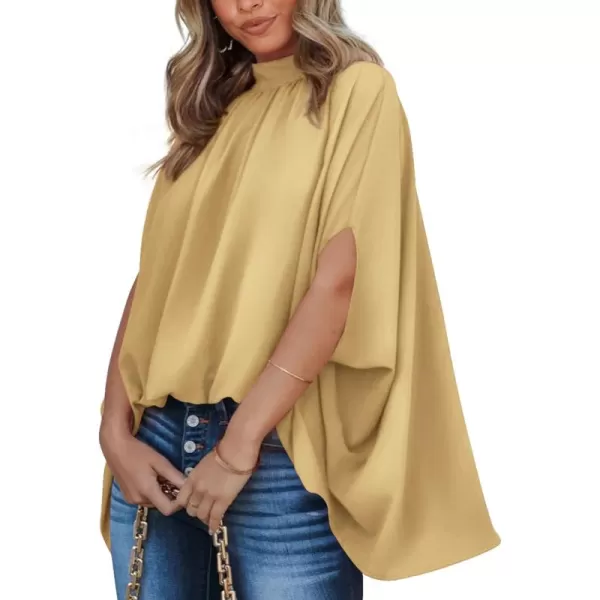 BTFBM Women Mock Neck Summer Tops 2024 Spring Batwing Short Sleeve Loose High Low Hem Casual Oversized Blouses ShirtsSolid Yellow