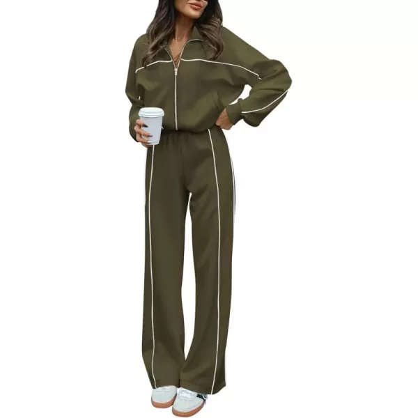 BTFBM Womens Two Piece Tracksuit Fall 2024 Long Sleeve Zip Up Sweatshirt Long Pants Outfits Jogger Sweatsuit SetsSolid Army Green