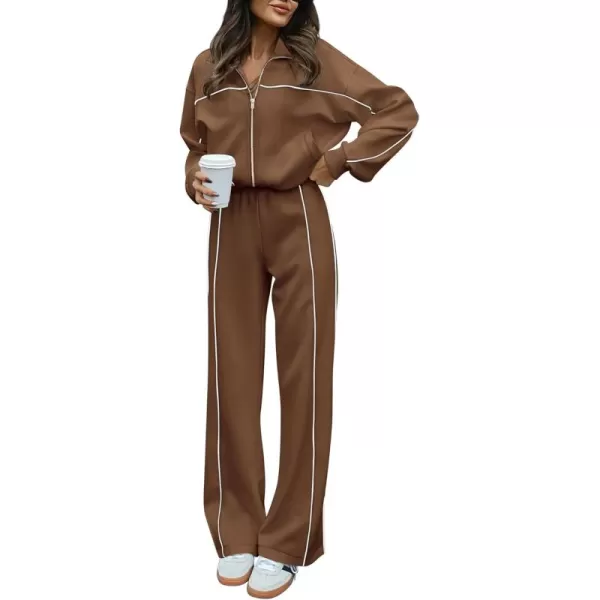 BTFBM Womens Two Piece Tracksuit Fall 2024 Long Sleeve Zip Up Sweatshirt Long Pants Outfits Jogger Sweatsuit SetsSolid Brown