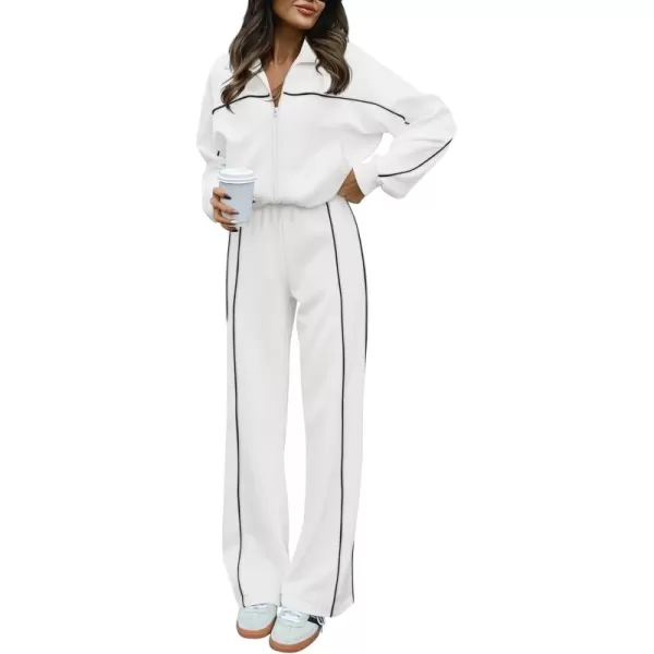 BTFBM Womens Two Piece Tracksuit Fall 2024 Long Sleeve Zip Up Sweatshirt Long Pants Outfits Jogger Sweatsuit SetsSolid White