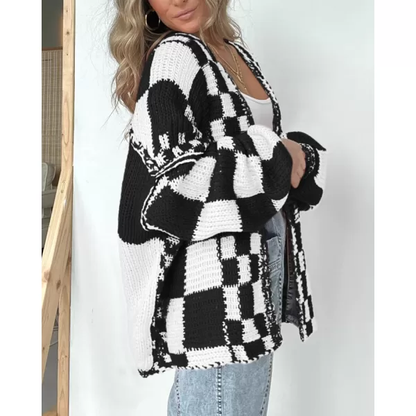 BTFBM Casual Womens Open Front Long Sleeve Chunky Knit Cardigan Sweater Checkered Knit Cardigan Sweaters CoatBlack