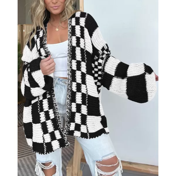 BTFBM Casual Womens Open Front Long Sleeve Chunky Knit Cardigan Sweater Checkered Knit Cardigan Sweaters CoatBlack
