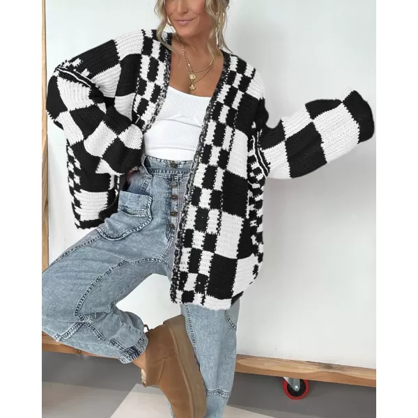 BTFBM Casual Womens Open Front Long Sleeve Chunky Knit Cardigan Sweater Checkered Knit Cardigan Sweaters CoatBlack
