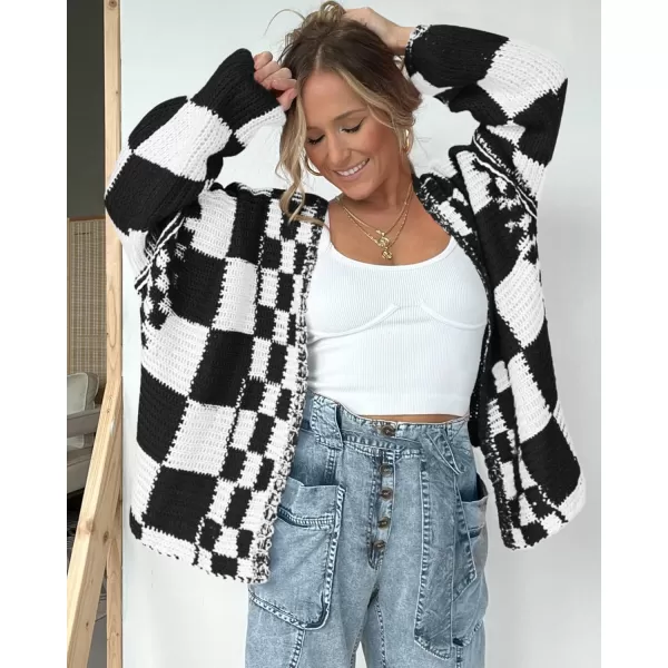 BTFBM Casual Womens Open Front Long Sleeve Chunky Knit Cardigan Sweater Checkered Knit Cardigan Sweaters CoatBlack