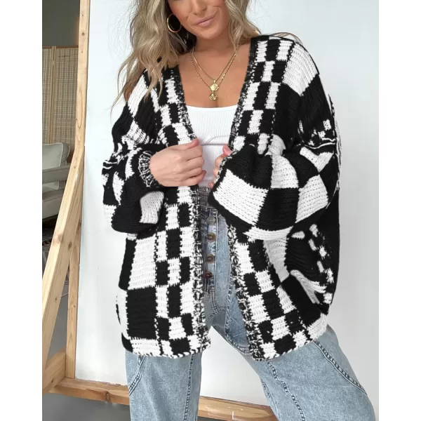 BTFBM Casual Womens Open Front Long Sleeve Chunky Knit Cardigan Sweater Checkered Knit Cardigan Sweaters CoatBlack