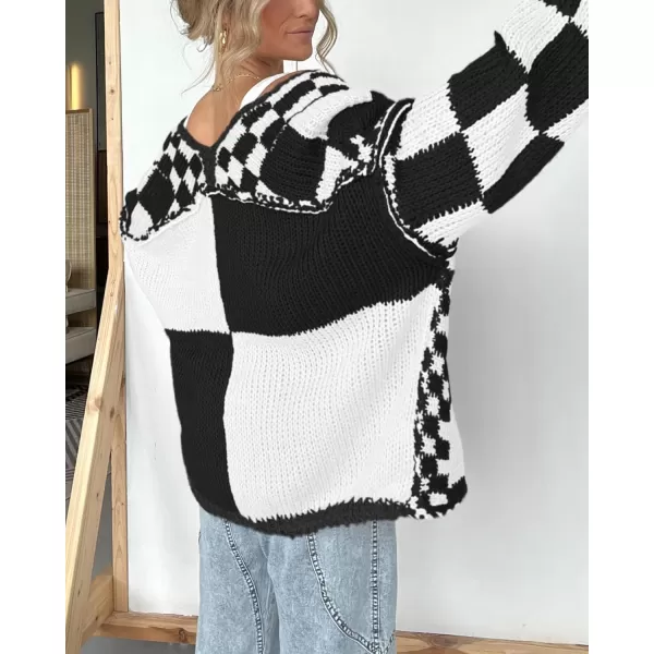 BTFBM Casual Womens Open Front Long Sleeve Chunky Knit Cardigan Sweater Checkered Knit Cardigan Sweaters CoatBlack