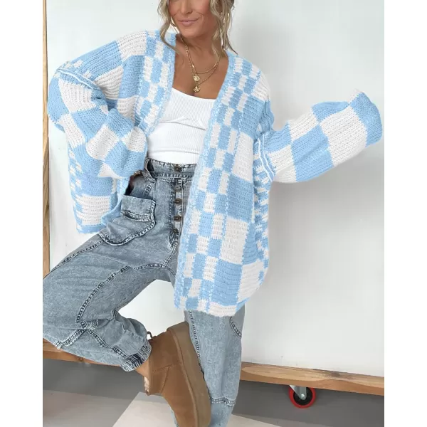 BTFBM Casual Womens Open Front Long Sleeve Chunky Knit Cardigan Sweater Checkered Knit Cardigan Sweaters CoatBlue