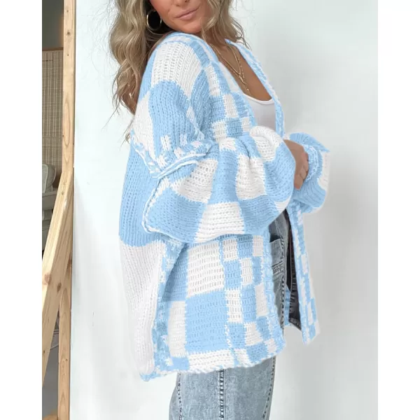 BTFBM Casual Womens Open Front Long Sleeve Chunky Knit Cardigan Sweater Checkered Knit Cardigan Sweaters CoatBlue