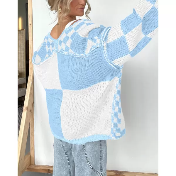 BTFBM Casual Womens Open Front Long Sleeve Chunky Knit Cardigan Sweater Checkered Knit Cardigan Sweaters CoatBlue