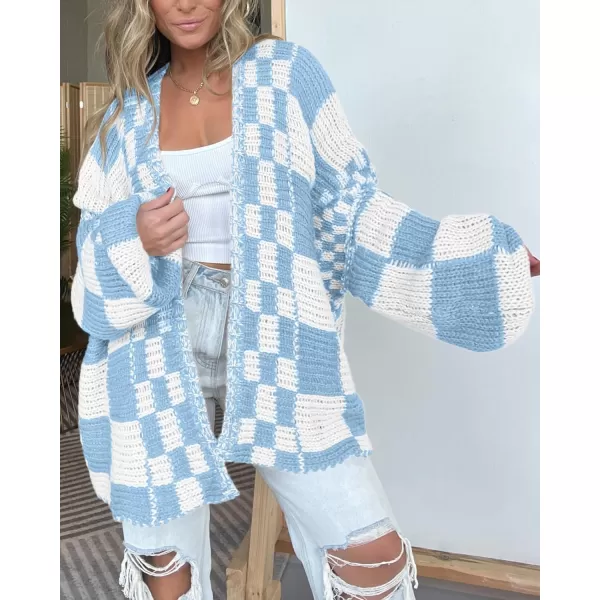BTFBM Casual Womens Open Front Long Sleeve Chunky Knit Cardigan Sweater Checkered Knit Cardigan Sweaters CoatBlue