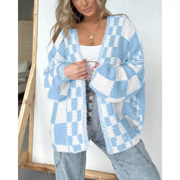 BTFBM Casual Womens Open Front Long Sleeve Chunky Knit Cardigan Sweater Checkered Knit Cardigan Sweaters CoatBlue
